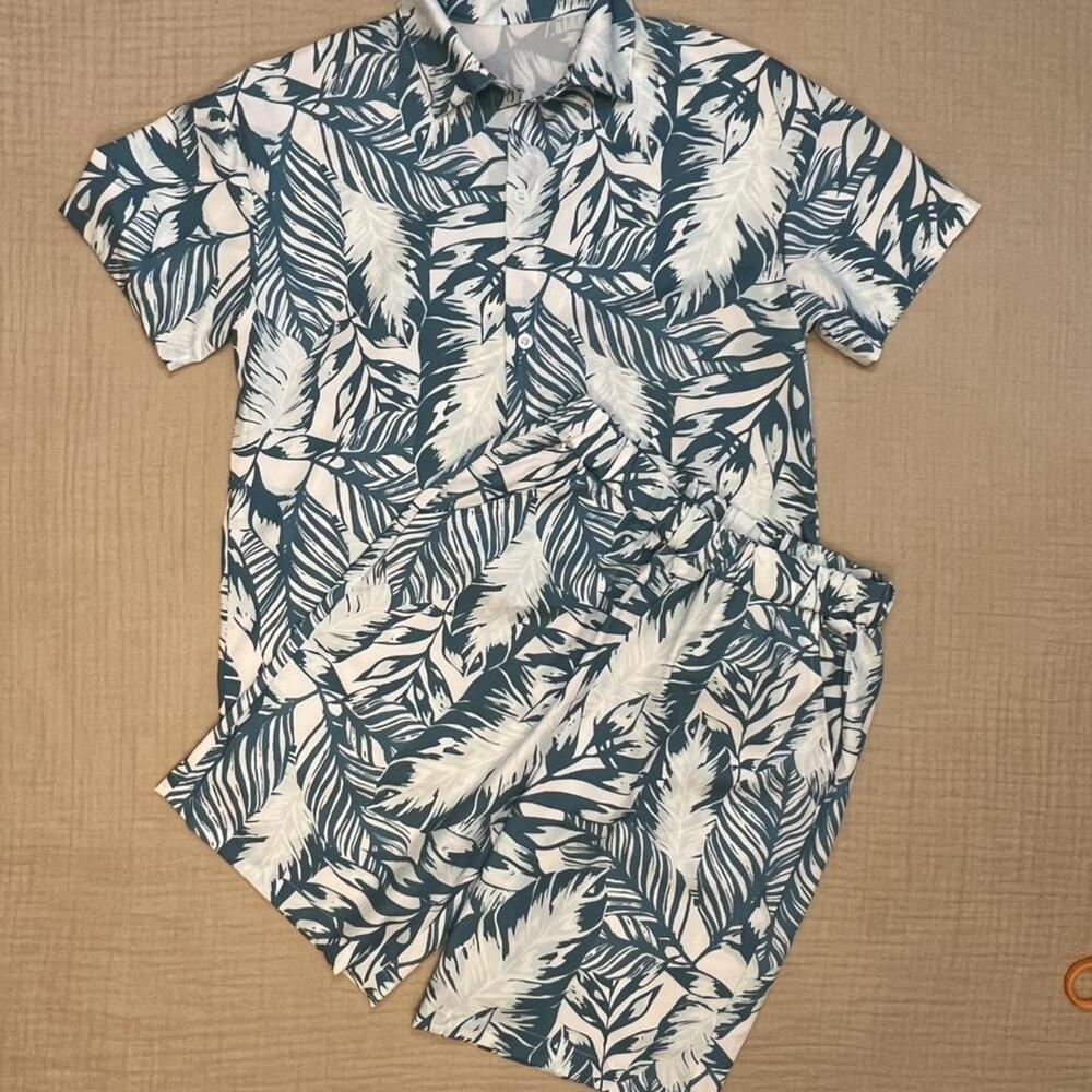 SHEIN (kids) Hawaiian tropical button up collared shirt and shorts set
